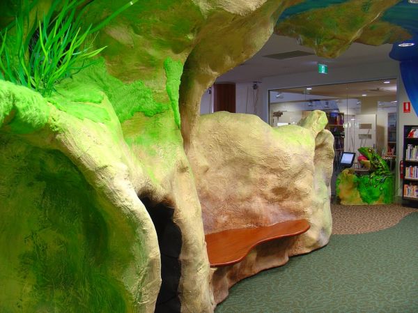 Themed Area - Mt Gambier Library
Red gum seat built into the rock form
